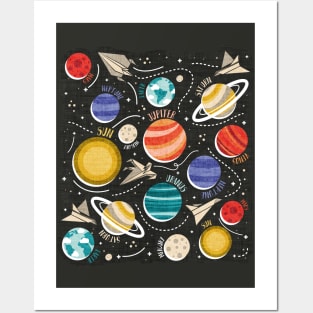 Paper space adventure II // illo // black background multicoloured solar system paper cut planets origami paper spaceships and rockets Posters and Art